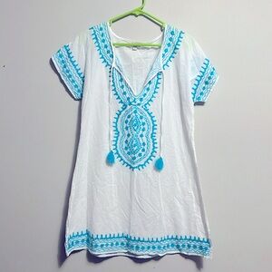 Debbie Katz South Beach embroidered coverup dress tassels size large white blue